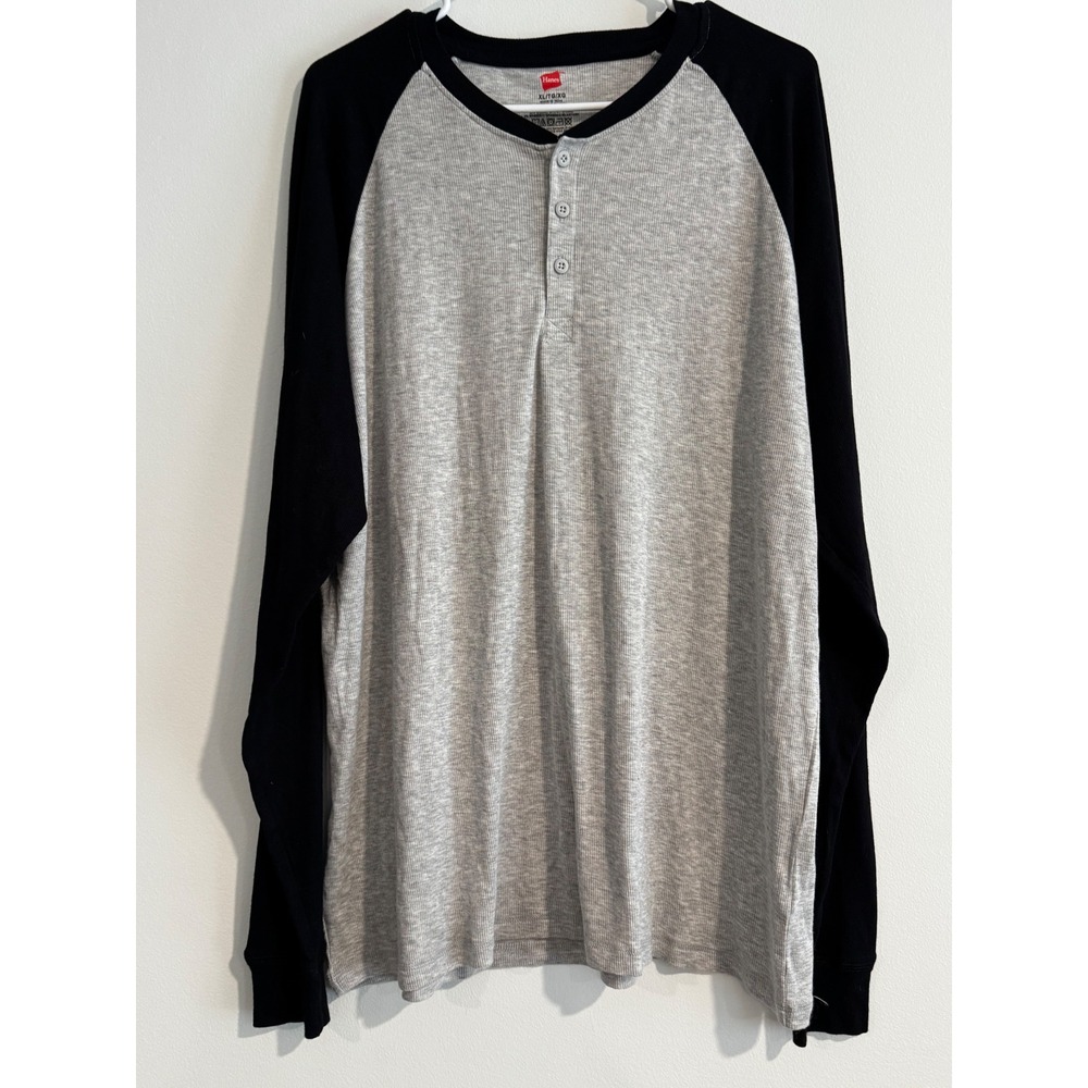 Hanes Raglan Henley Shirt Mens XL Grey Black Waffle Knit Long Sleeve‎